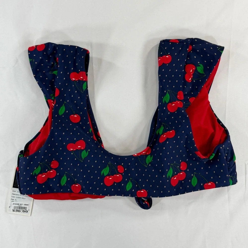 Juicy Couture Black Label Cherry Print Ruffle Bikini Top Navy Blue XL NEW